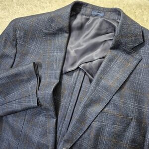 Peter Millar Crown Crafted Clyde Sport Coat 48 Long Blue Plaid Wool Silk Luxury